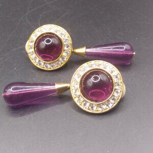 Vintage Lucite Pink Gold tone Dangle clip Earrings & Rhinestones